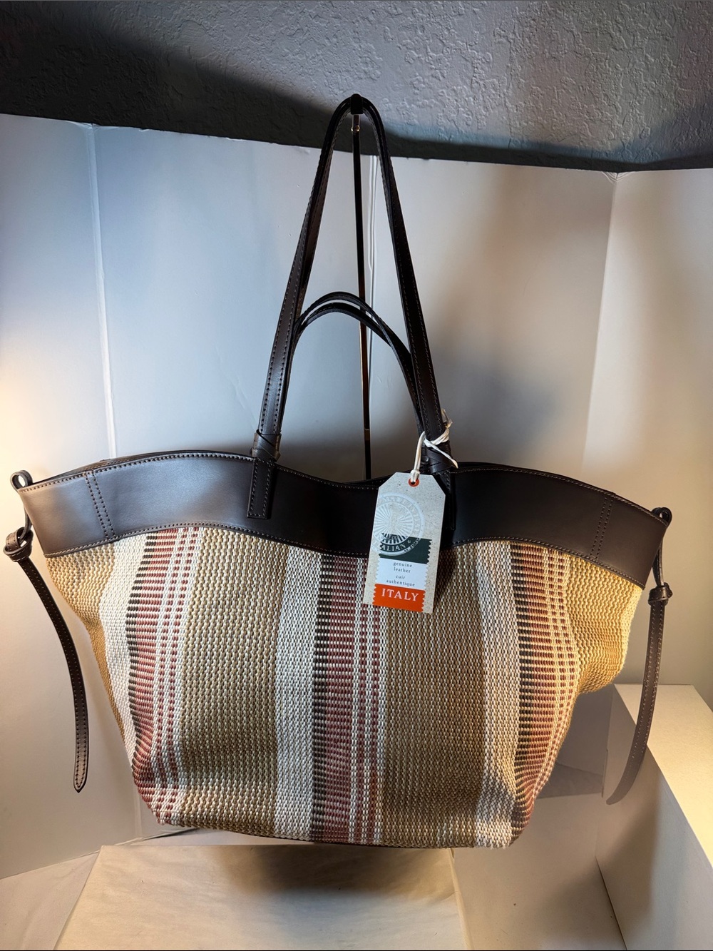 Striped Woven Tote with Dark Brown Leather Trim